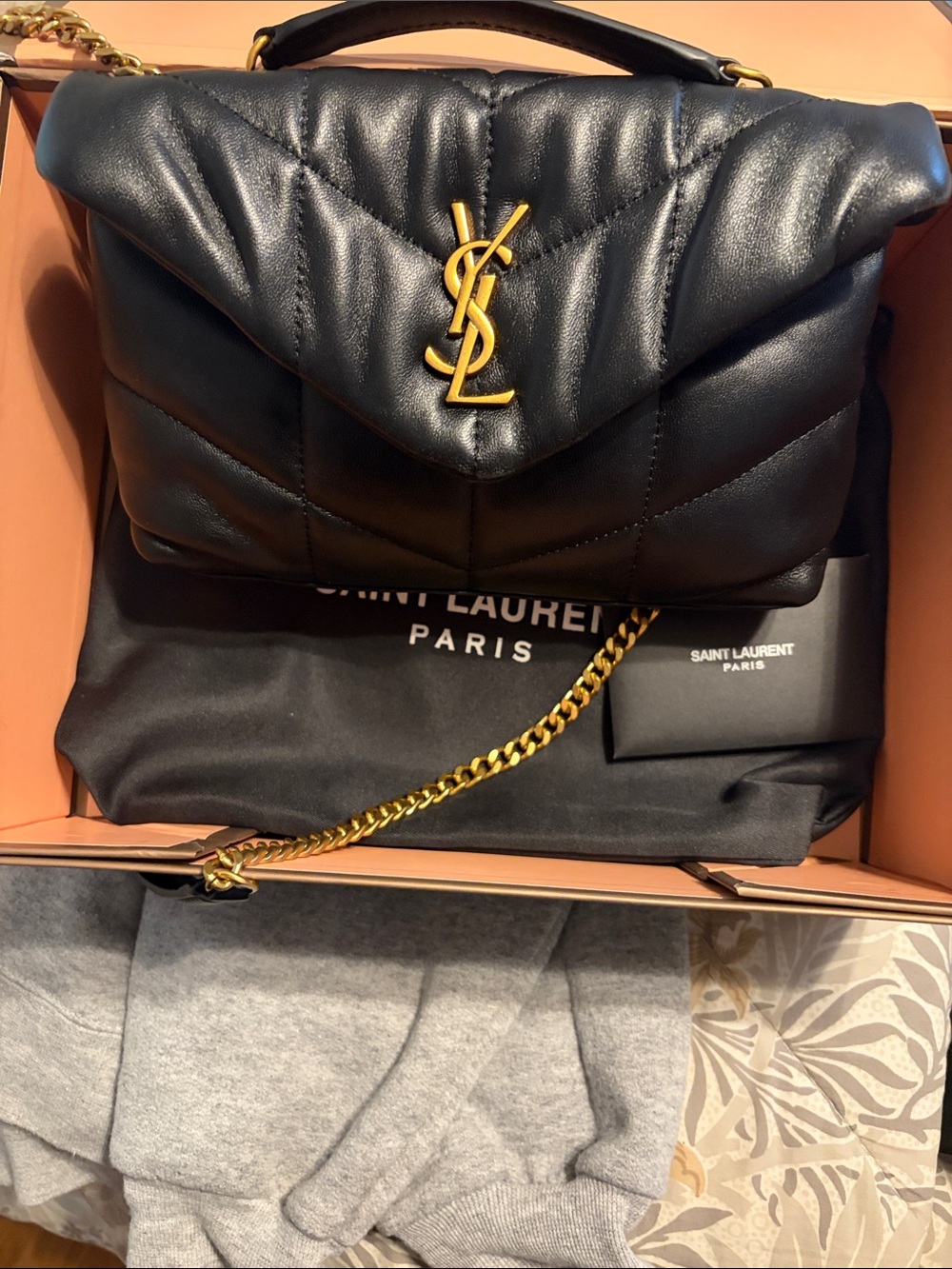 Saint Laurent Black Quilted Shoulder Bag with Gold YSL Chain